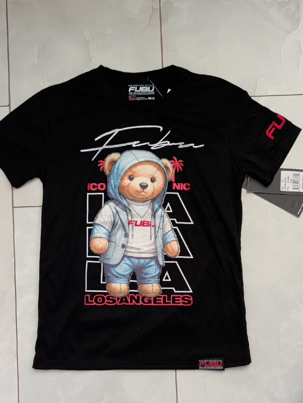 FUBU Black Tee with Blue Hoodie Teddy and Pink Accents